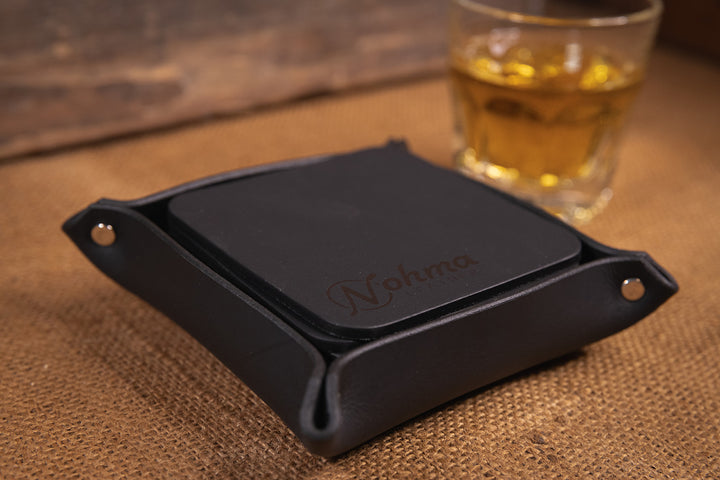 Black Square Leather Coaster Set with Tray