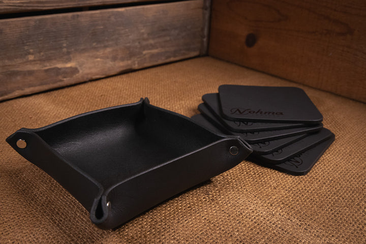 Black Square Leather Coaster Set with Tray