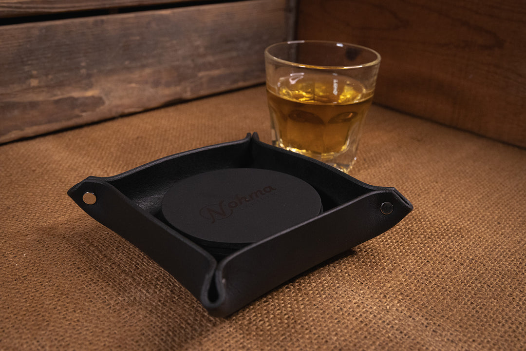 Black Round Leather Coaster Set with Tray