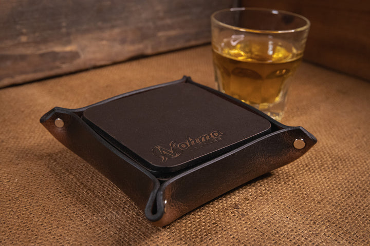 Vintage Brown Square Leather Coaster Set with Tray