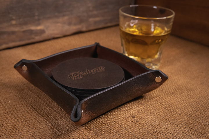 Vintage Brown Round Leather Coaster Set with Tray