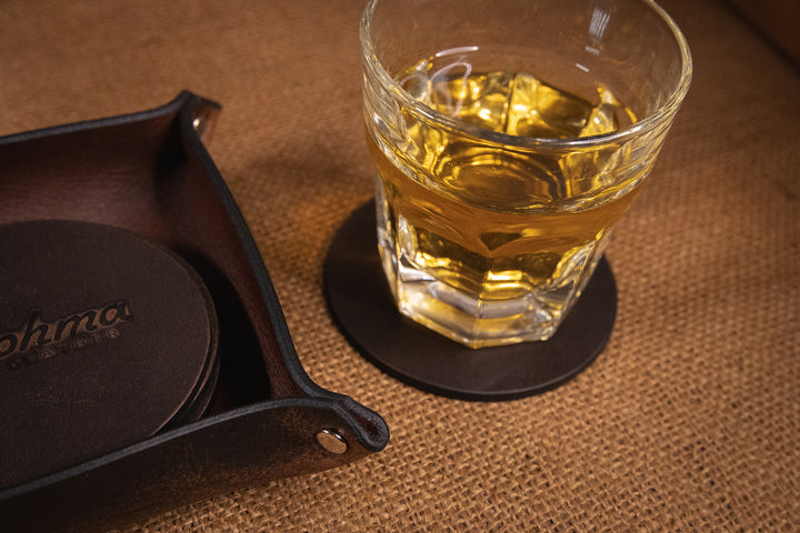 Vintage Brown Round Leather Coaster Set with Tray