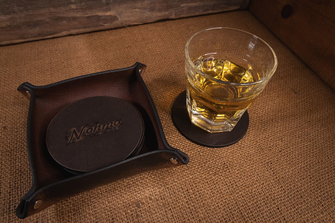 Vintage Brown Round Leather Coaster Set with Tray