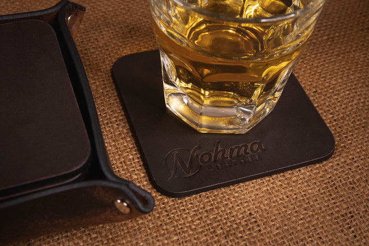 Vintage Brown Square Leather Coaster Set with Tray	