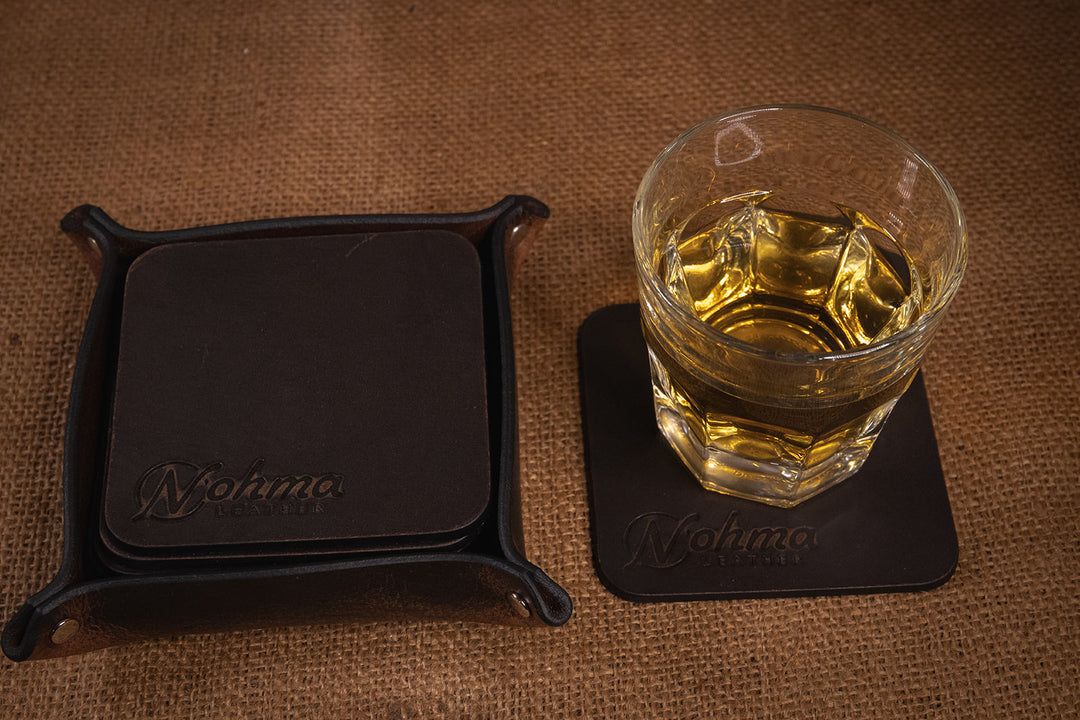 Vintage Brown Square Leather Coaster Set with Tray	