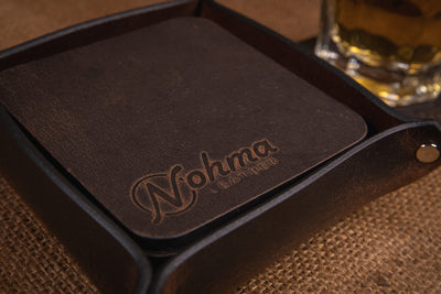 Vintage Brown Square Leather Coaster Set with Tray	