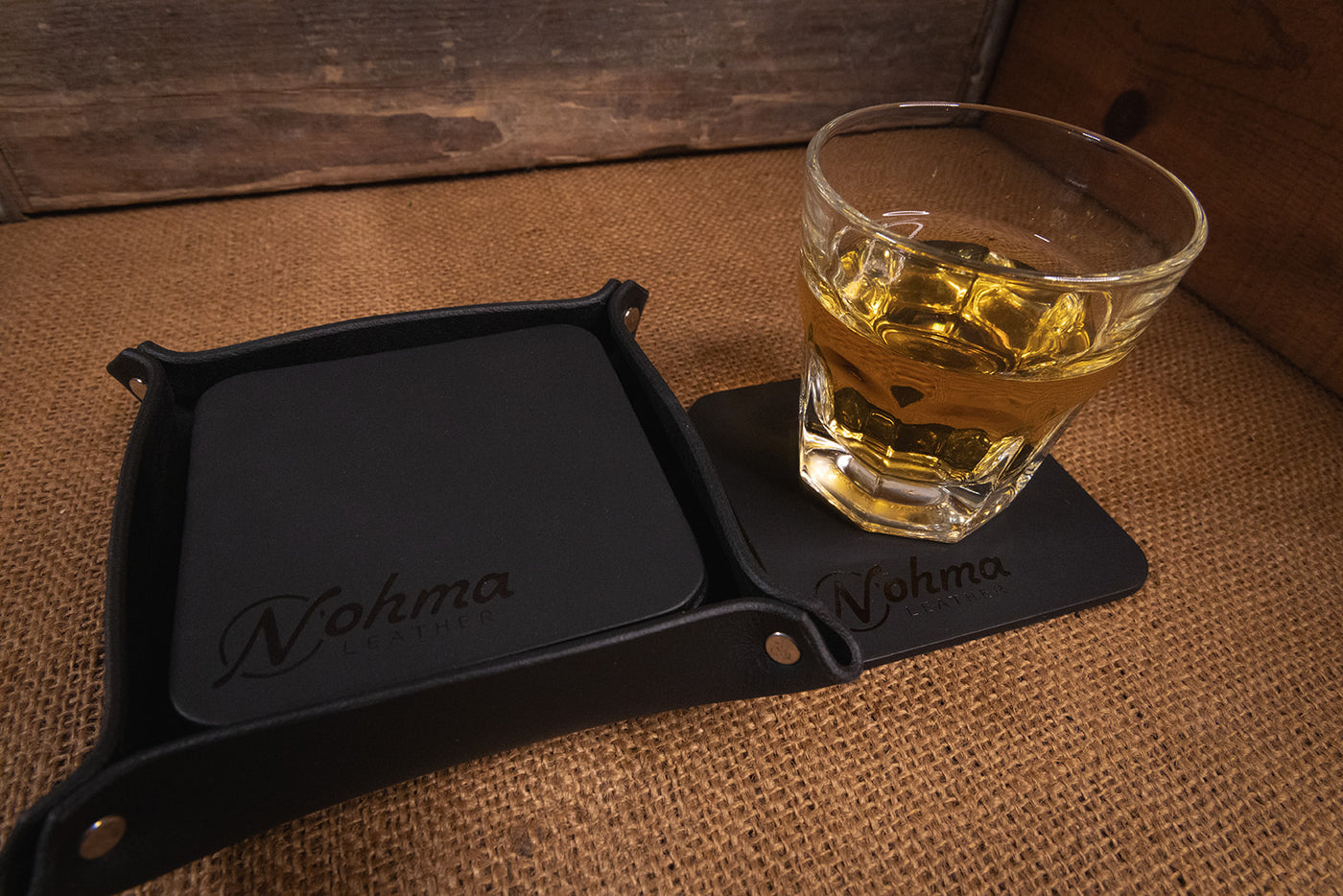 Black Square Leather Coaster Set with Tray