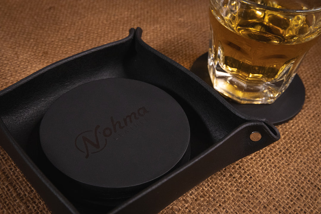Black Round Leather Coaster Set with Tray