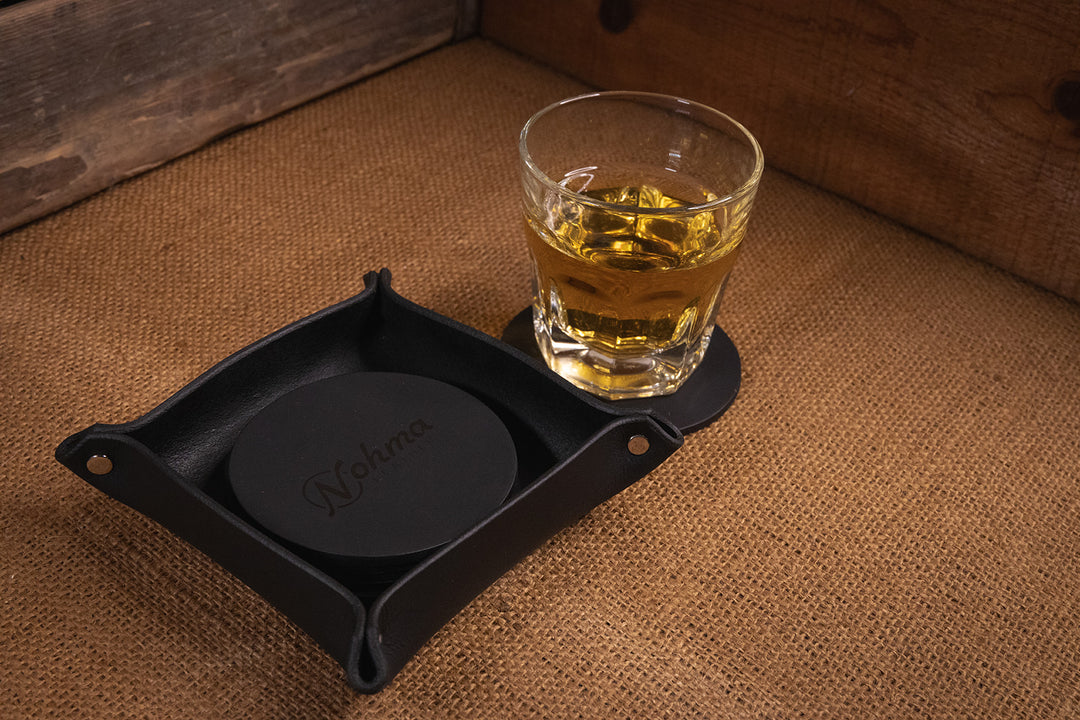 Black Round Leather Coaster Set with Tray