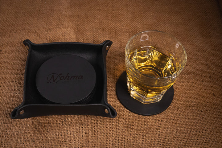 Black Round Leather Coaster Set with Tray