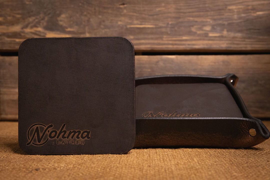 Vintage Brown Square Leather Coaster Set with Tray	