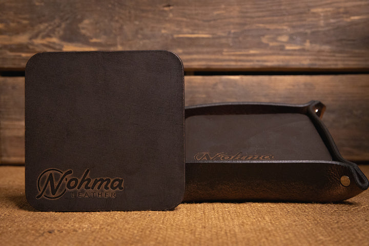 Vintage Brown Square Leather Coaster Set with Tray	