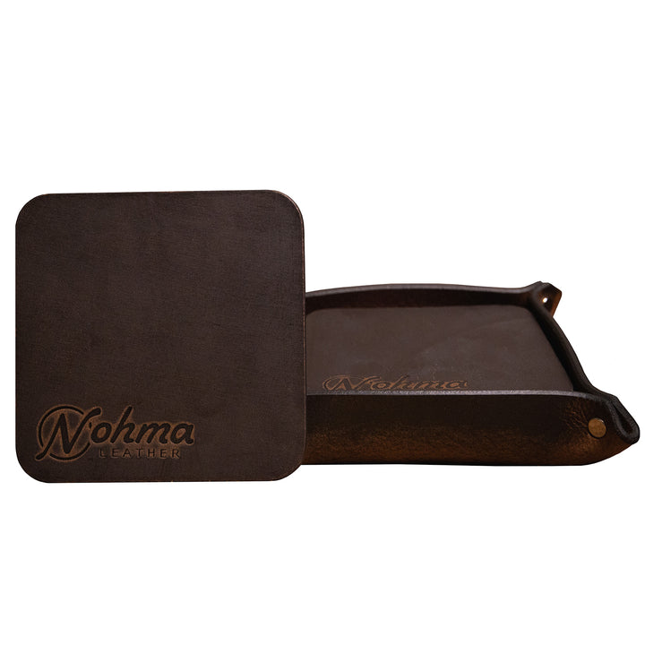 Vintage Brown Square Leather Coaster Set with Tray