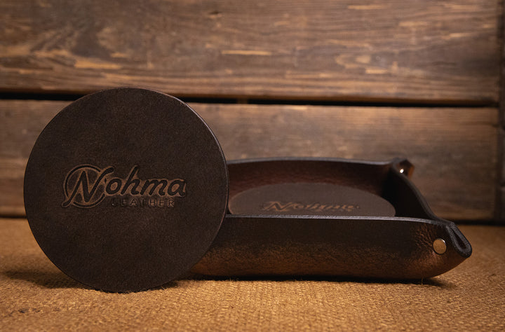 Vintage Brown Round Leather Coaster Set with Tray