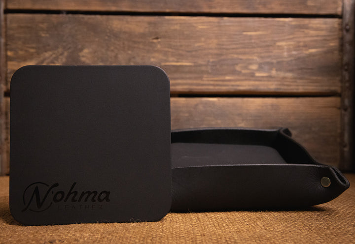 Black Square Leather Coaster Set with Tray