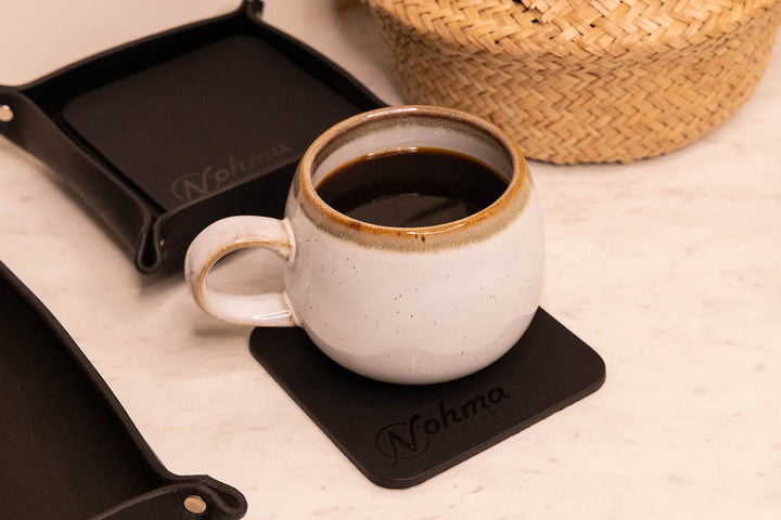 Black Square Leather Coaster Set Display with Coffee and Tray