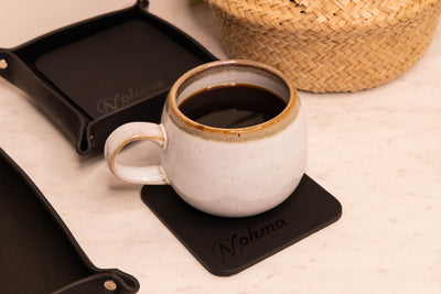 Black Square Leather Coaster Set Display with Coffee and Tray