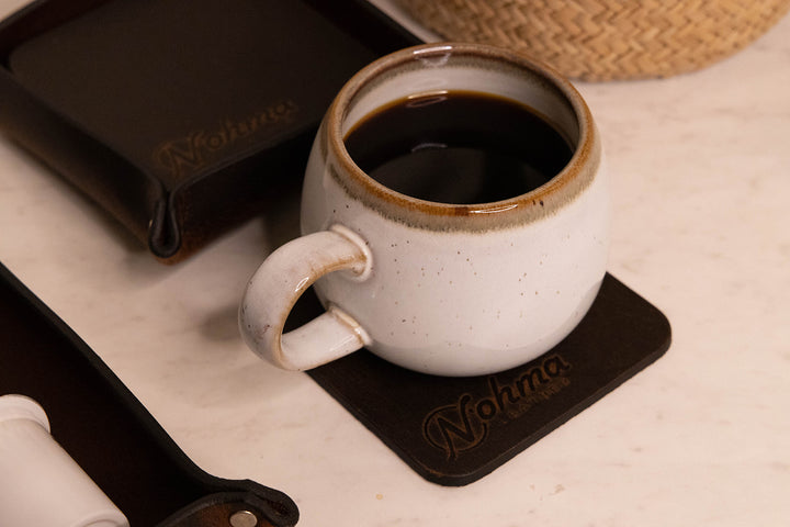 Vintage Brown Square Leather Coaster Set Display with coffee and Tray