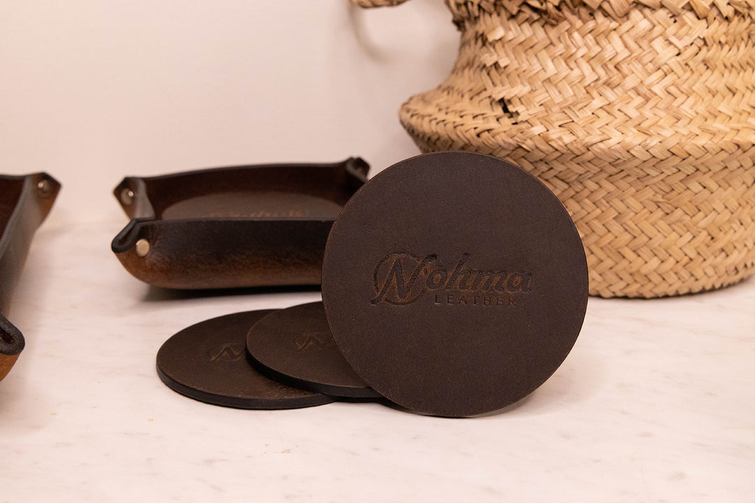 Vintage Brown Round Leather Coaster Set with Tray