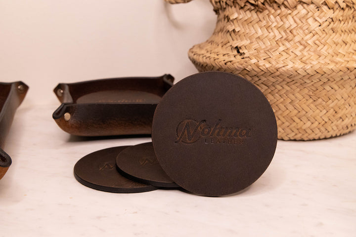 Vintage Brown Round Leather Coaster Set with Tray