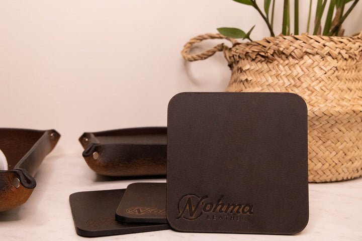 Vintage Brown Square Leather Coaster Set with Tray	