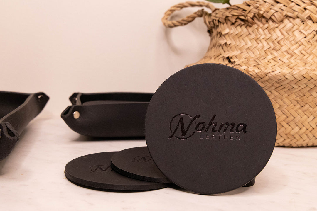 Black Round Leather Coaster Set with Tray