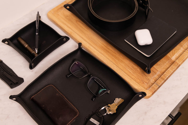 Premium USA-Made Leather Square Trays - Perfect Desk Organizer