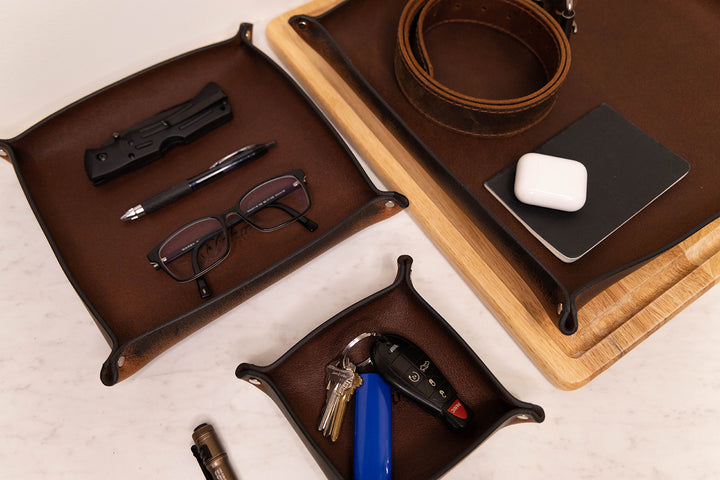 Premium USA-Made Leather Square Trays - Perfect Desk Organizer