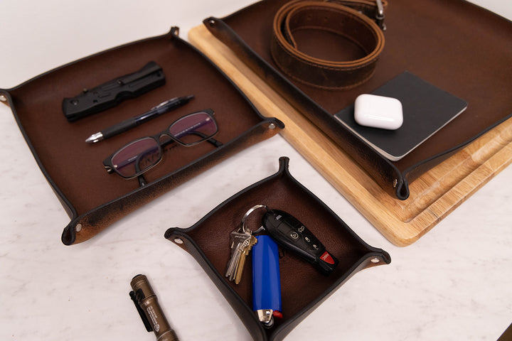 Premium USA-Made Leather Square Trays - Perfect Desk Organizer
