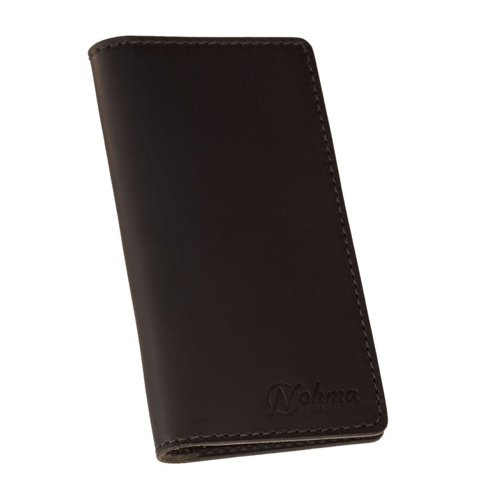 Black leather Checkbook Cover with 'Nohma Leather' branding on a white background