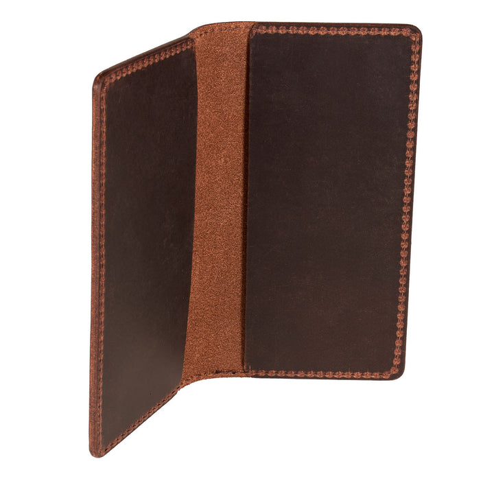 Brown leather checkbook with visible stitching on a white background