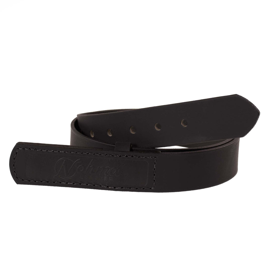 Black leather belt with visible branding on a white background