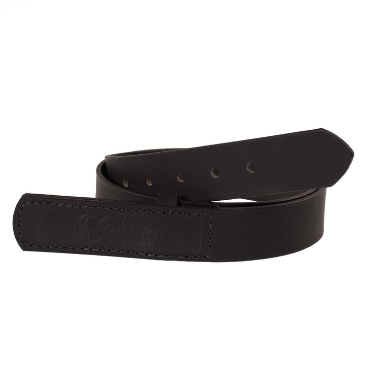 Black leather belt with visible branding on a white background