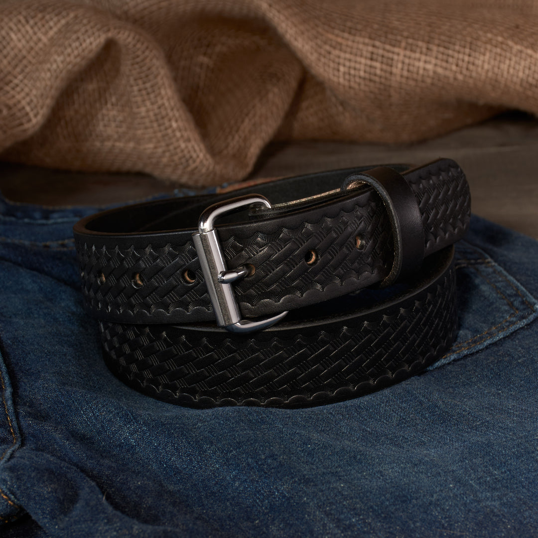 THE OUTFITTER HD SERIES - BASKETWEAVE LEATHER BELT – STAINLESS STEEL – 1.5”