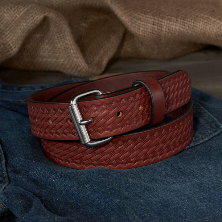 THE OUTFITTER HD SERIES - BASKETWEAVE LEATHER BELT – STAINLESS STEEL – 1.5”