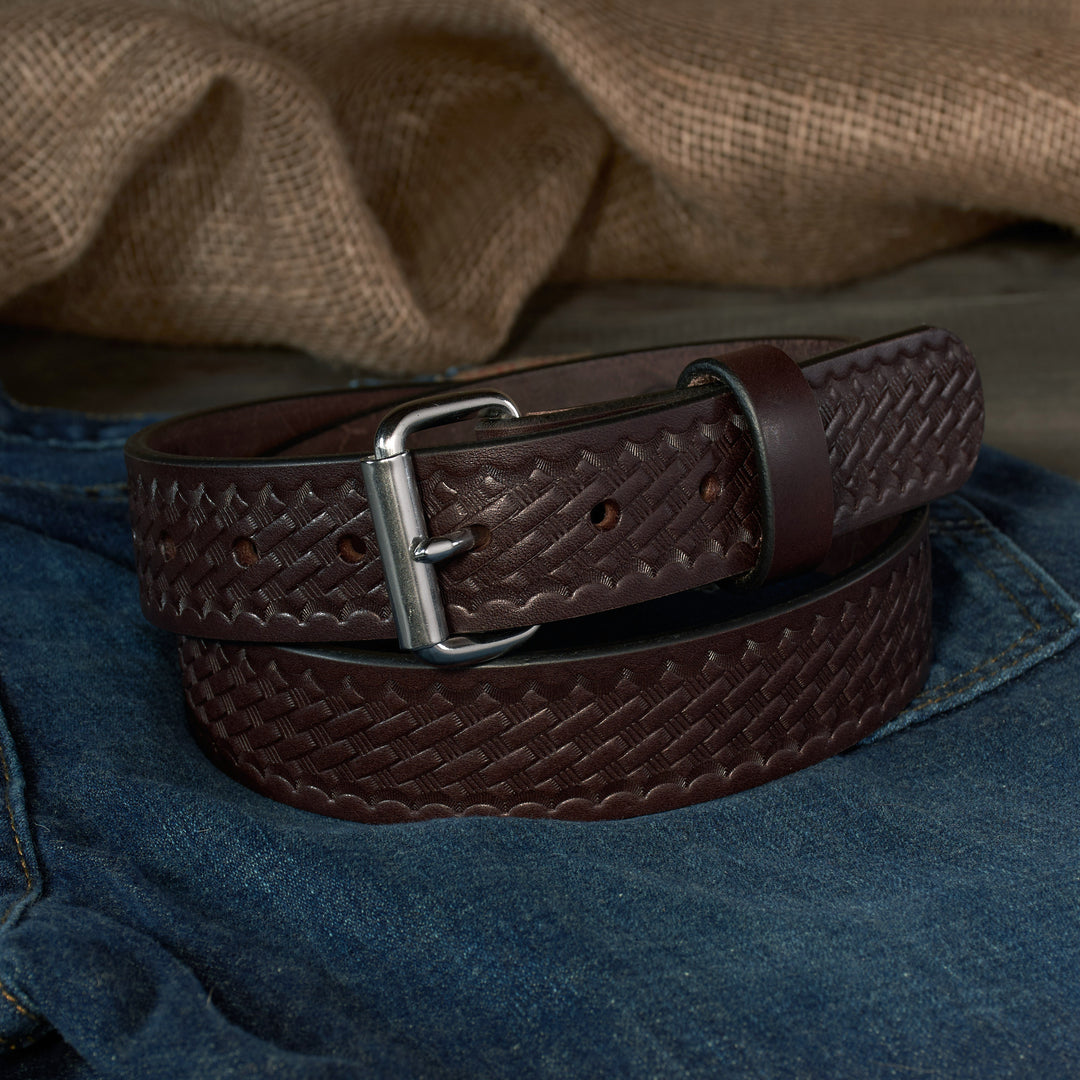 THE OUTFITTER HD SERIES - BASKETWEAVE LEATHER BELT – STAINLESS STEEL – 1.5”
