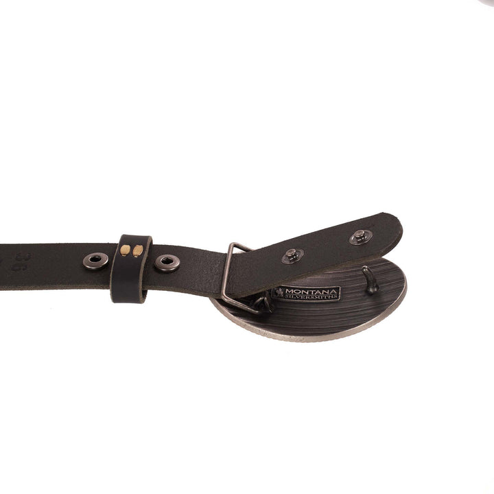Black leather tool with metallic components on a white background