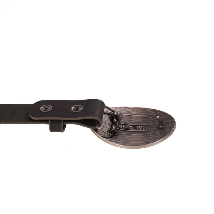 Belt with a leather strap and metal buckle on a white background
