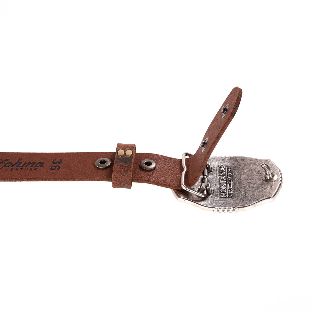 Brown leather belt with silver buckle on a white background