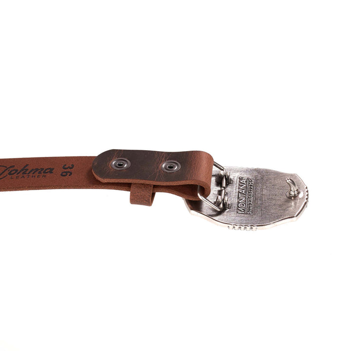 Close-up of a leather strap with metal clip on a white background