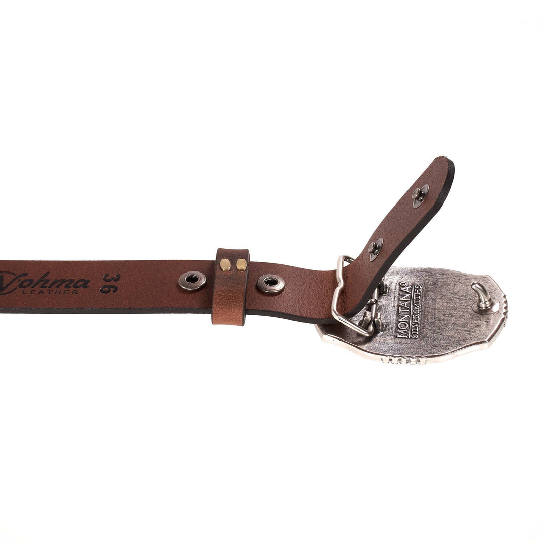 Brown leather belt with metal buckle on a white background