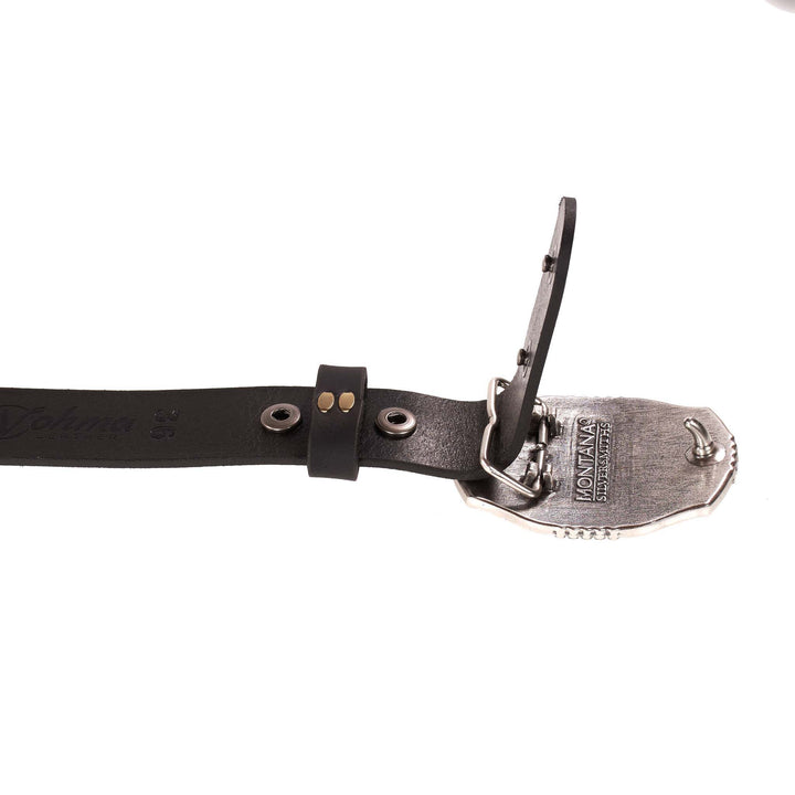 Black leather belt with metal buckle on a white background