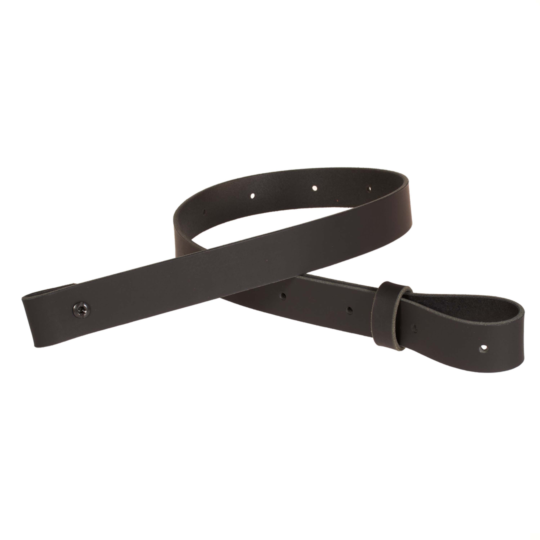 Black leather rifle sling on a white background