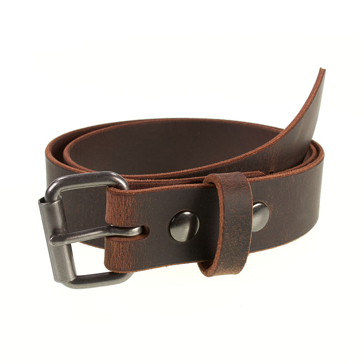 Brown leather belt with silver buckle on a white background
