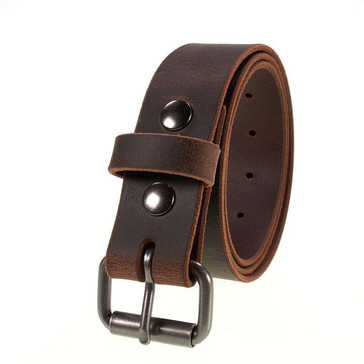 Brown leather belt with silver buckle on a white background