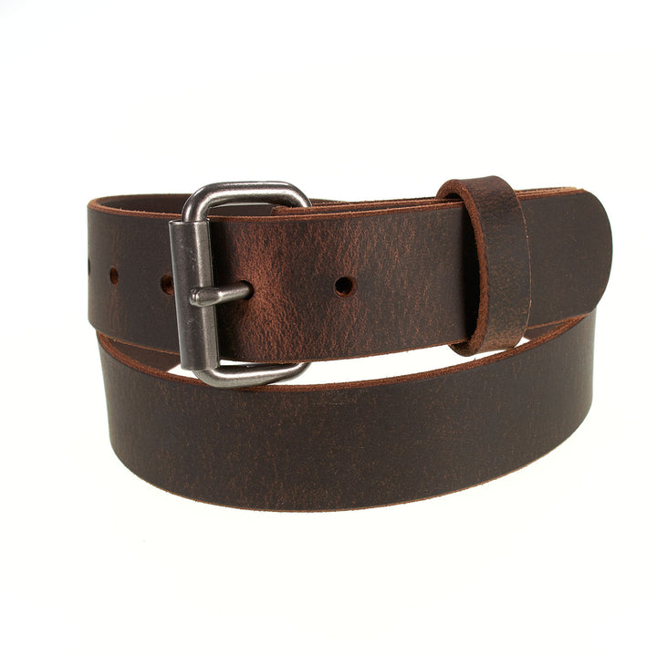 Brown leather belt with a silver buckle on a white background