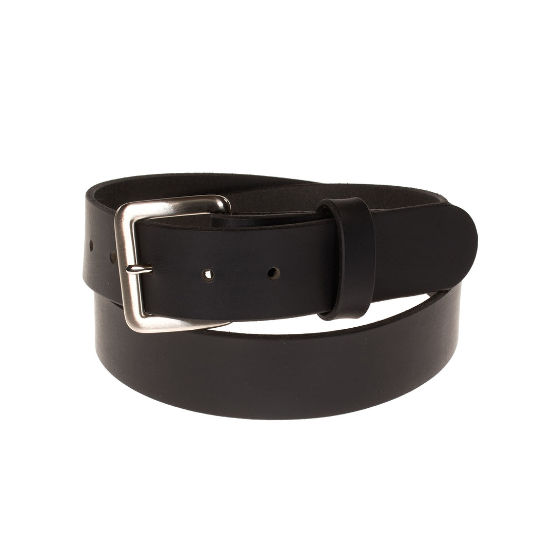 Black leather belt with a silver buckle on a white background