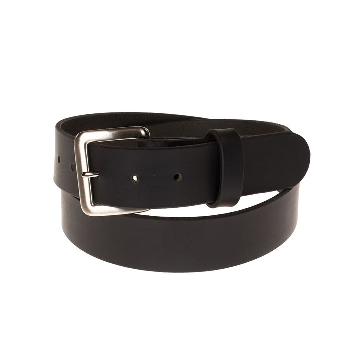 Black leather belt with a silver buckle on a white background
