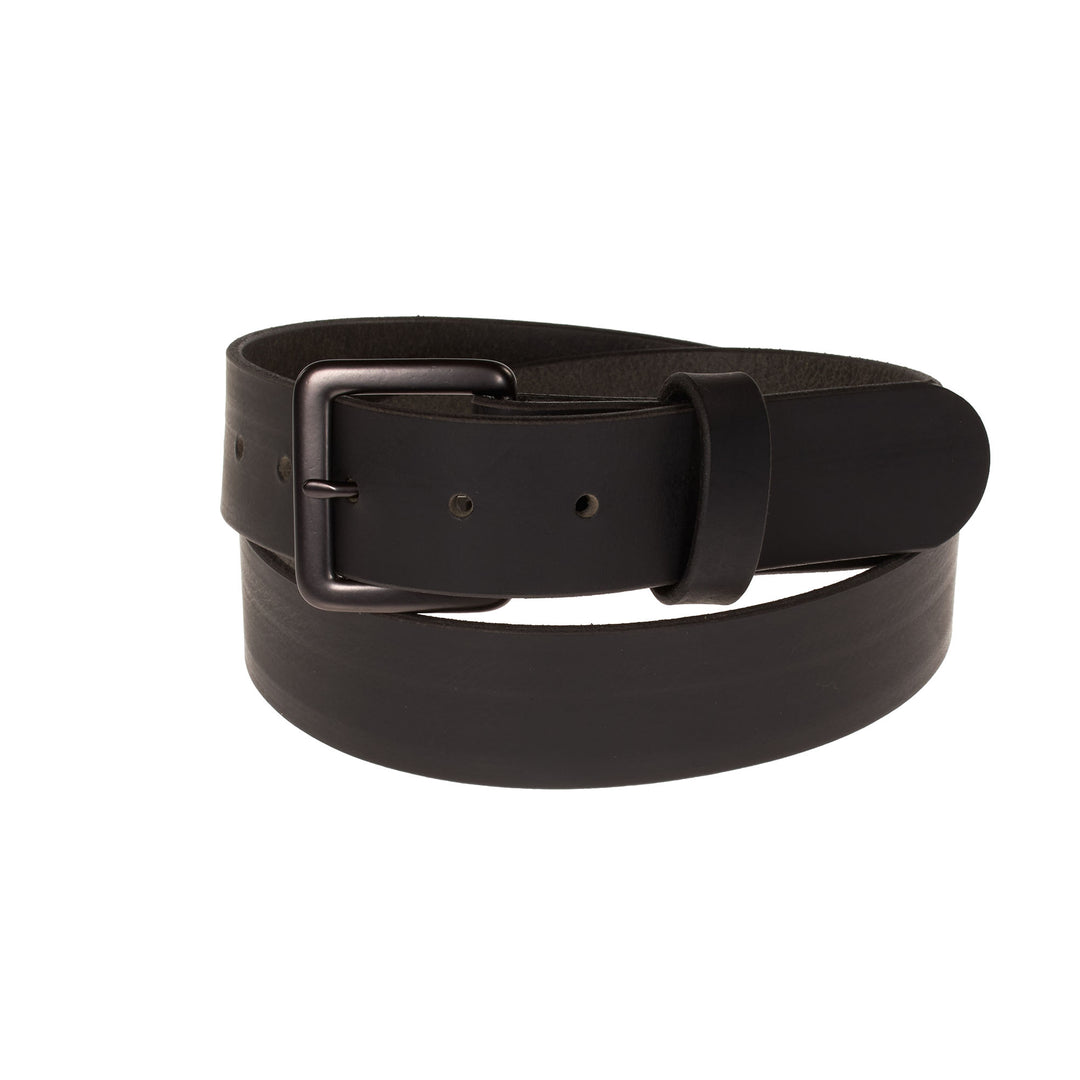 Black leather belt with a silver buckle on a white background