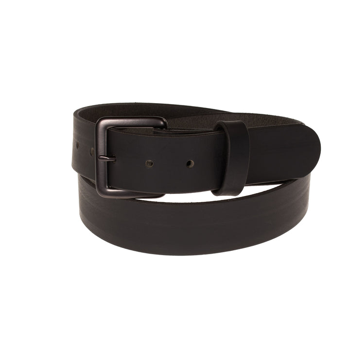 Black leather belt with a silver buckle on a white background